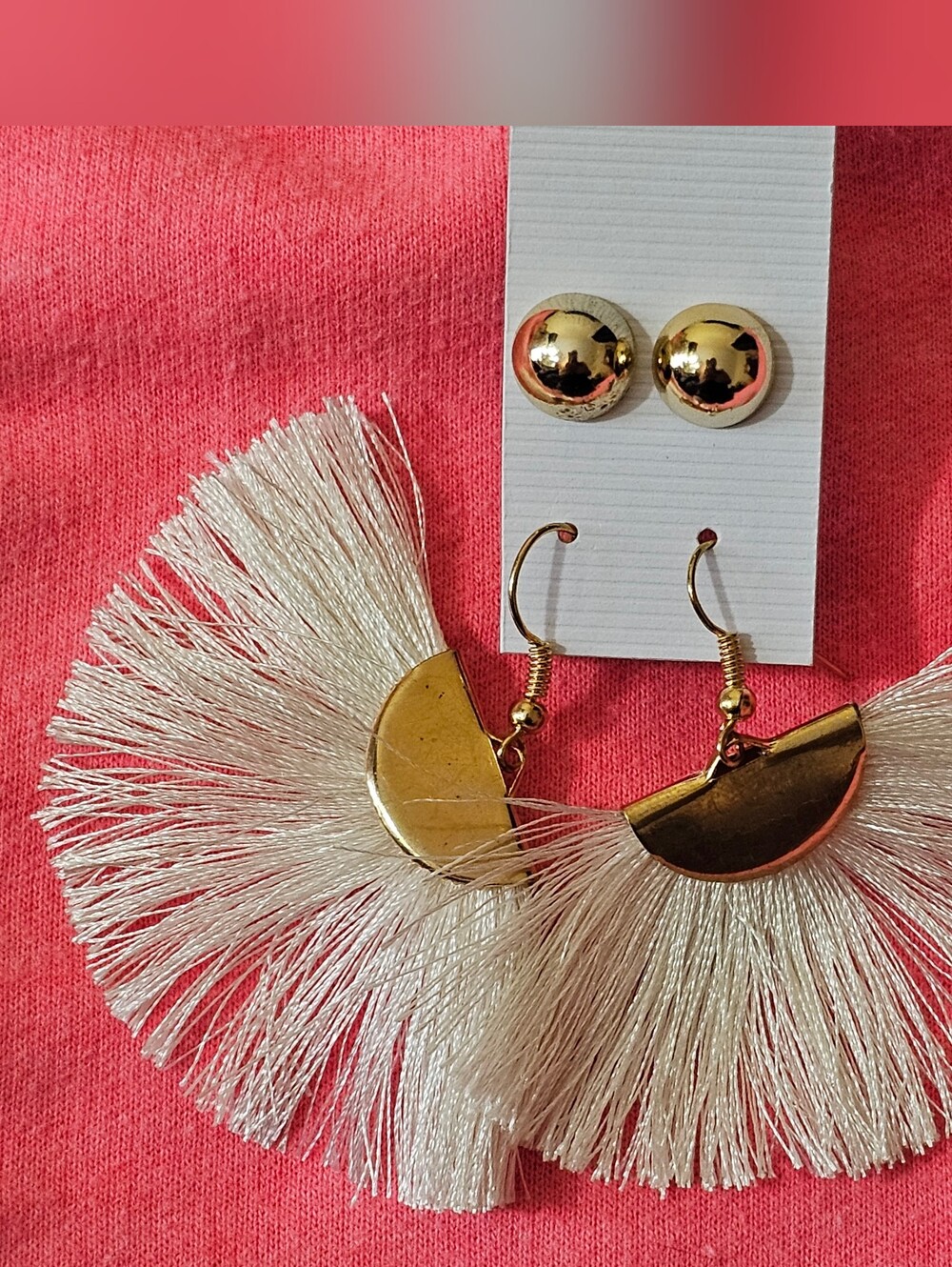 Gold Half-Moon Tassel Drop Earrings - White/Cream Fringe + Half Ball Stud